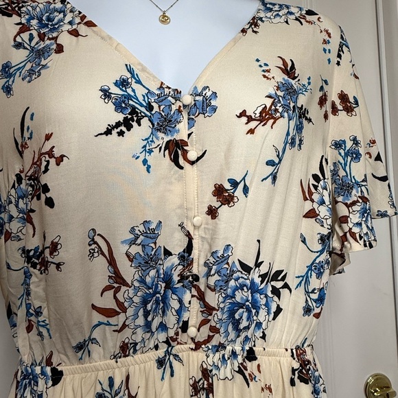Flying Tomato Plus Size Dress Knee Length Cream Blue Brown Floral 1X 2X 3X - Picture 3 of 8